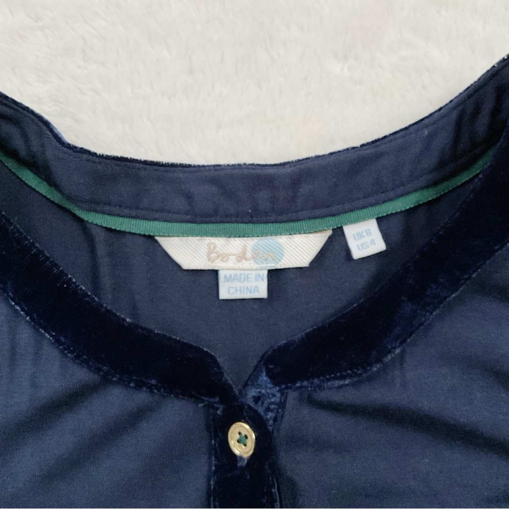 Boden Nadine Navy Blouse Velvet Trim Button Front Top US 4 - Picture 3 of 14